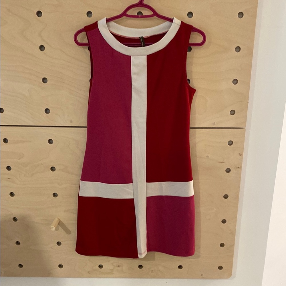 Red, White and Pink Colorblock Sleeveless Dress